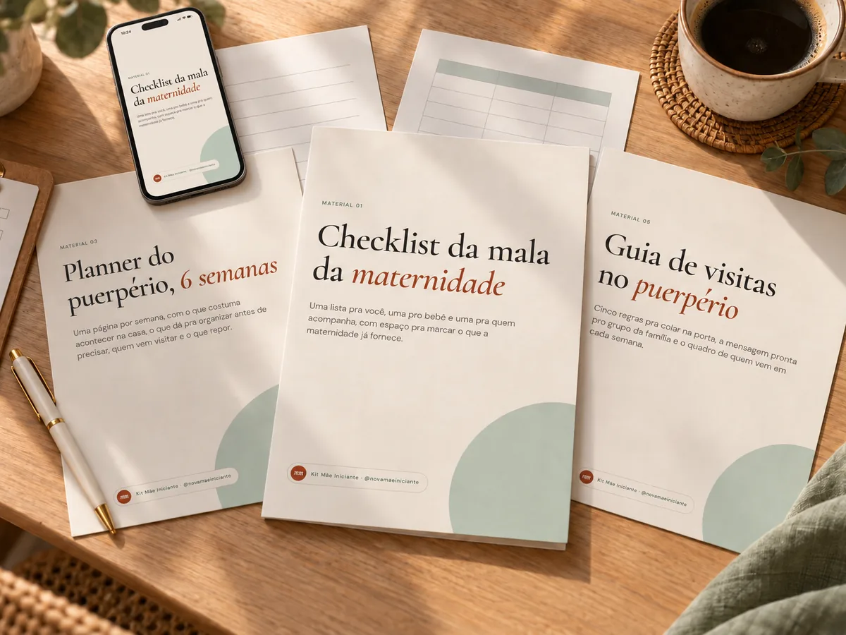 Capas do Checklist da mala, do Planner do puerpério e do Guia de visitas impressas sobre a mesa, com o Checklist aberto no celular ao lado