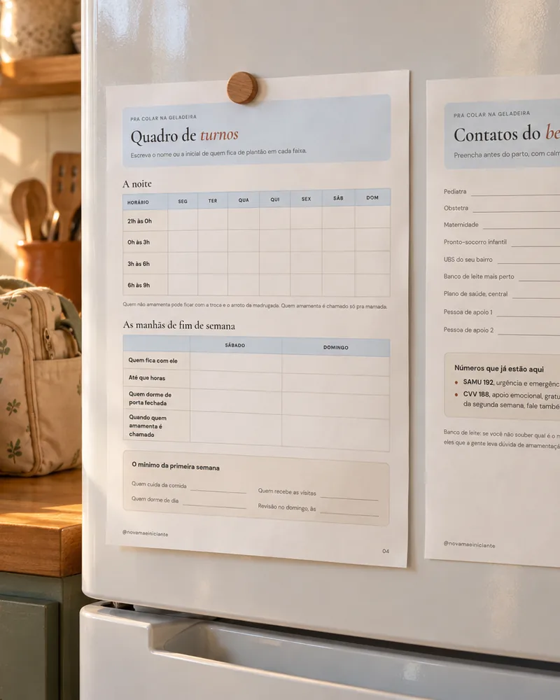 Quadro de turnos e lista de contatos do kit presos com ímã na porta da geladeira
